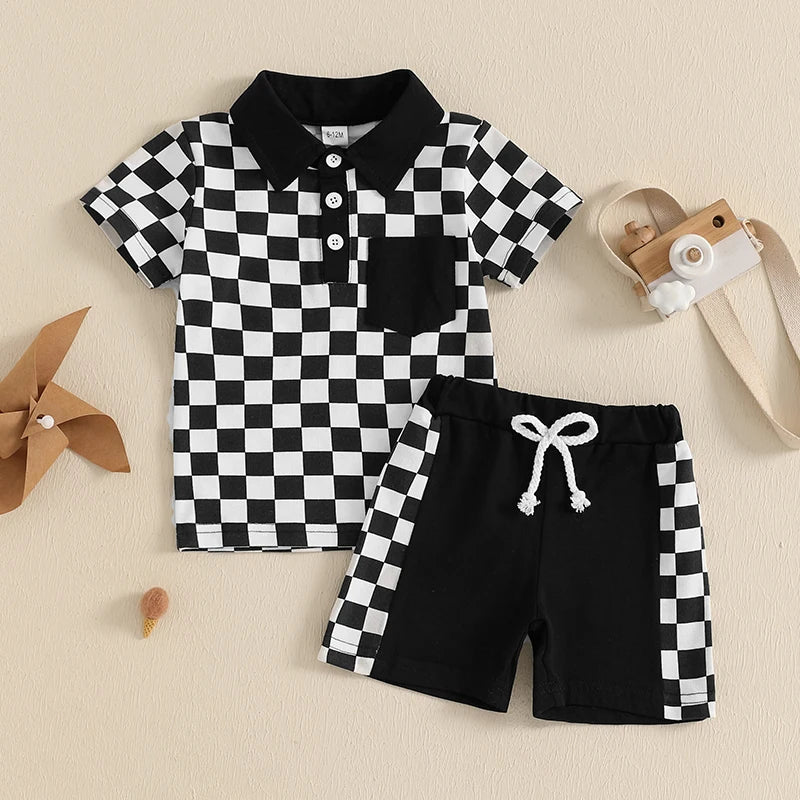 Lioraitiin Toddler Boys Shorts Sets Short Sleeve Lapel Checkerboard