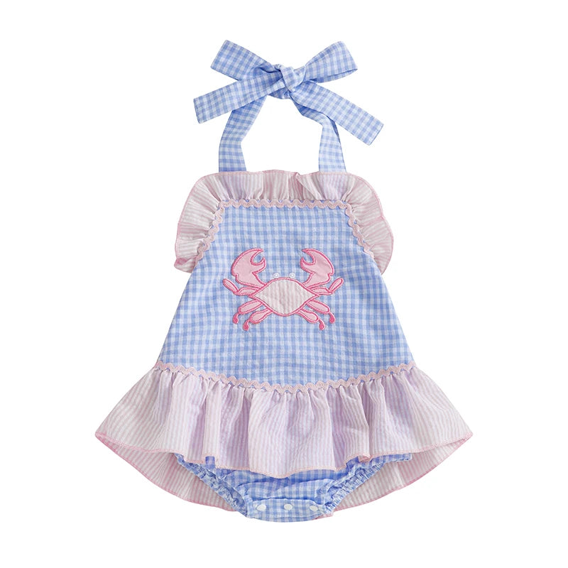 Lioraitiin Baby Girl Crab Plaid Romper Dress Tie-up Halter Neck
