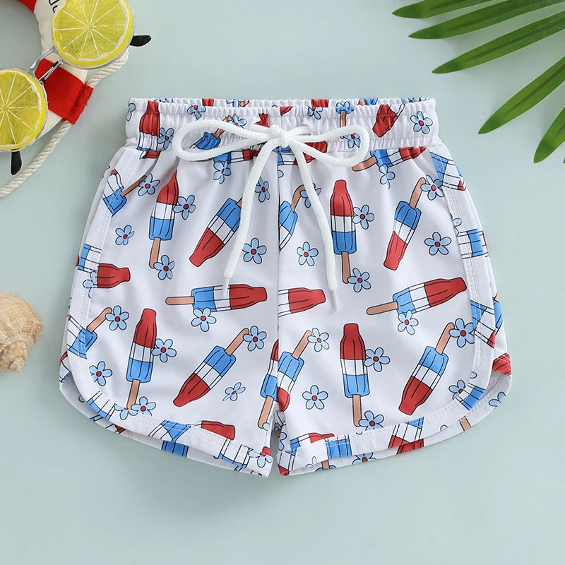 Lioraitiin Toddler Boy 4th of July Swim Trunks with Drawstring Ice