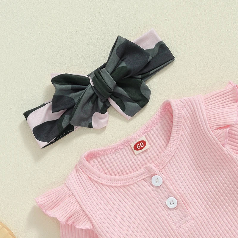Lioraitiin Baby Girl 3 Piece Outfit, Long Sleeve Ribbed Solid Color