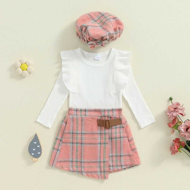 Lioraitiin Toddler Girl Outfits Solid Color Ribbed Knit Ruffles Crew