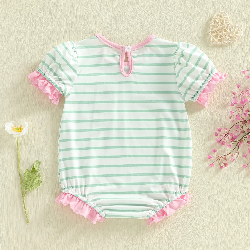 Lioraitiin Baby Girl Striped Romper Ruffle Trim Short Sleeve Crewneck