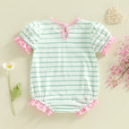 Lioraitiin Baby Girl Striped Romper Ruffle Trim Short Sleeve Crewneck