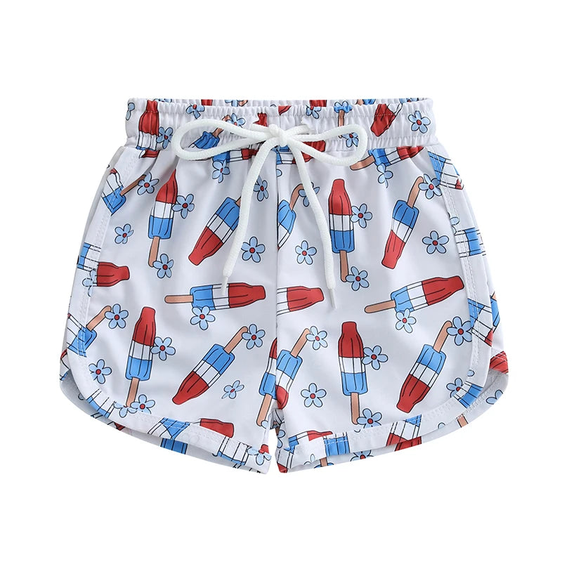 Lioraitiin Toddler Boy 4th of July Swim Trunks with Drawstring Ice