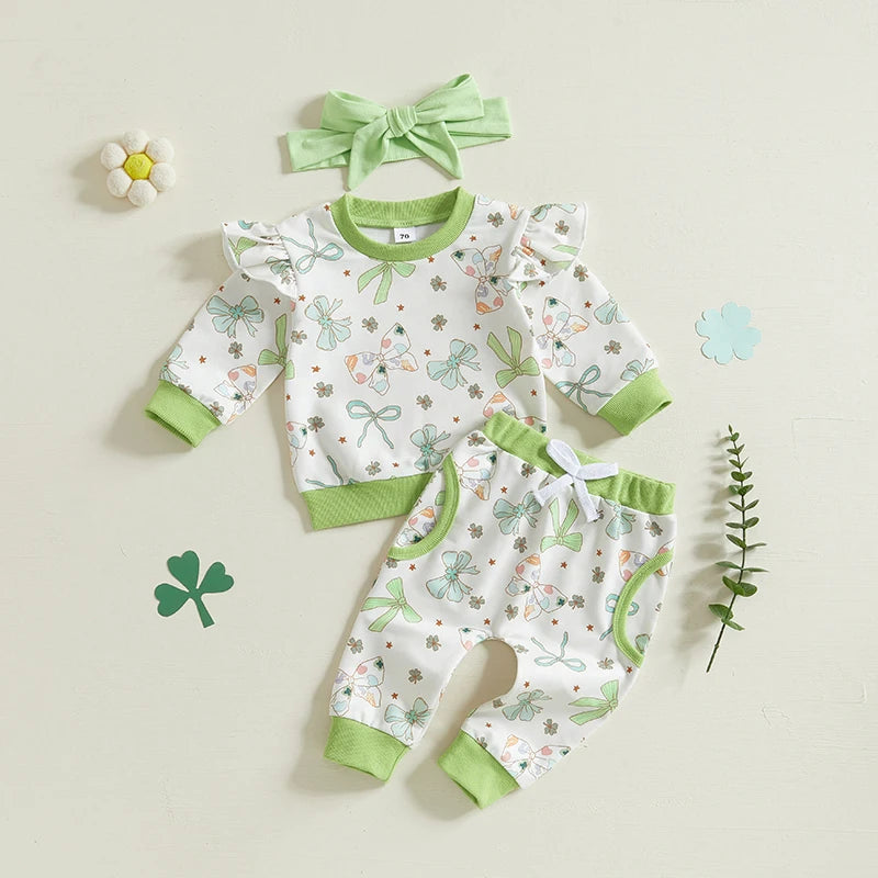 Lioraitiin Toddler Baby Girl Irish Outfits Bow Clover Print Crew Neck