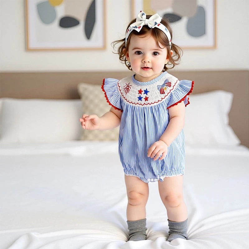 Lioraitiin Baby Girls Romper Fly Sleeve Crew Neck Stripes Embroidery
