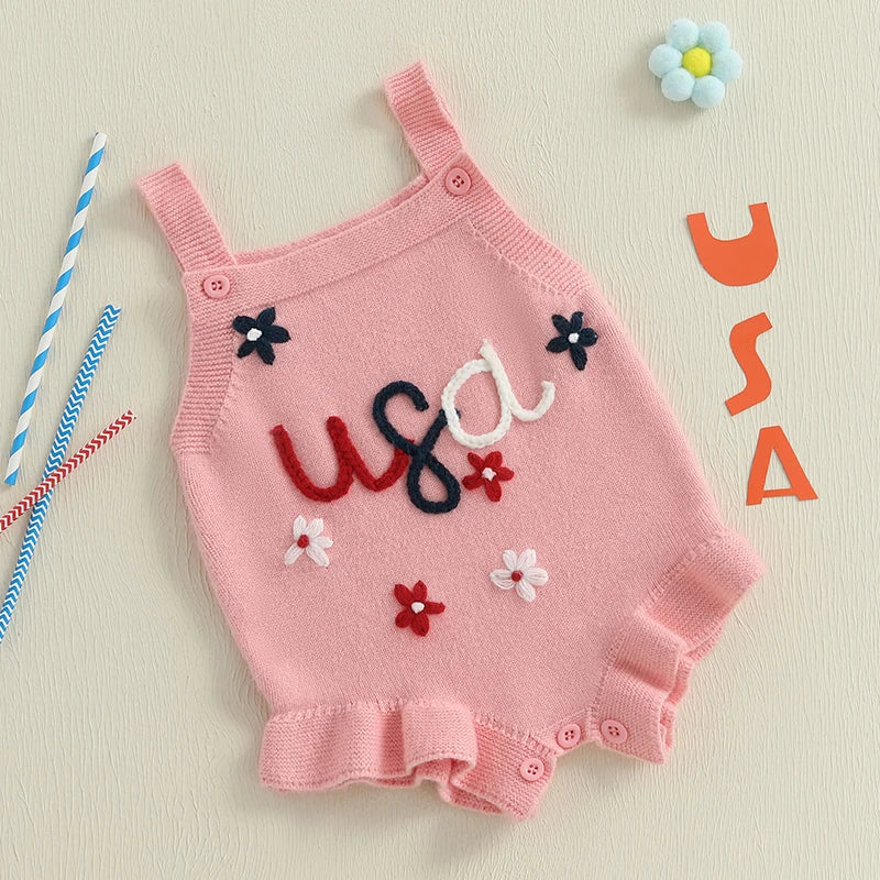 Lioraitiin Baby Girl Knit Overalls Floral Letter Embroidery