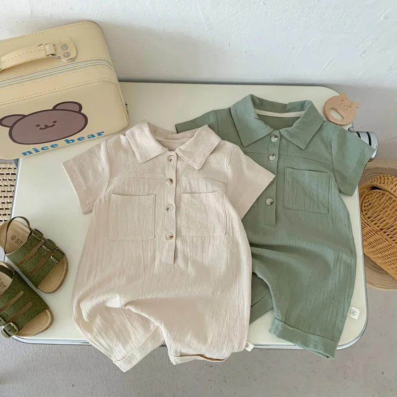 Lioraitiin Baby Boy Jumpsuit Short Sleeve Lapel Button Up Solid Color