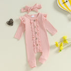 Lioraitiin Baby Girl Rompers Solid Color Buttons Frills Crew Neck