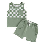 Lioraitiin Toddler Boys Outfits Checkerboard Patchwork Round Neck
