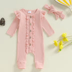 Lioraitiin Baby Girl Rompers Solid Color Buttons Frills Crew Neck