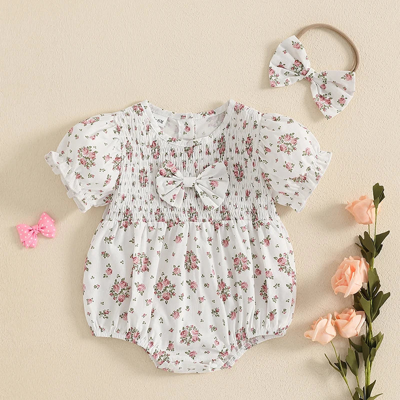 Lioraitiin Baby Girl Outfits Floral Pattern Smocked Crew Neck Short