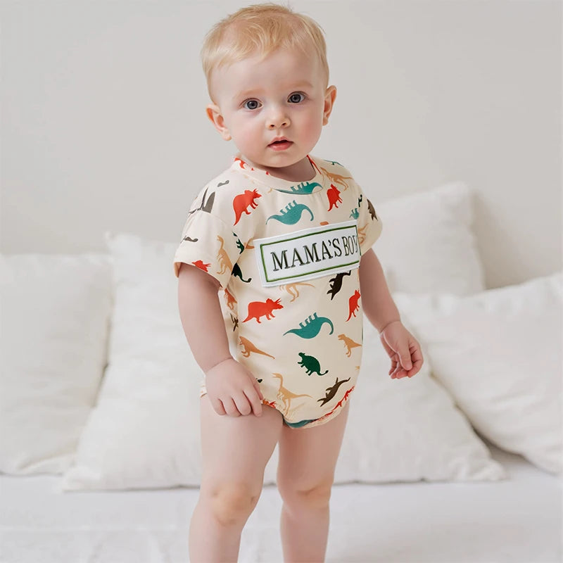 Lioraitiin Baby Boy Dinosaur Romper Letter Embroidery Short Sleeve