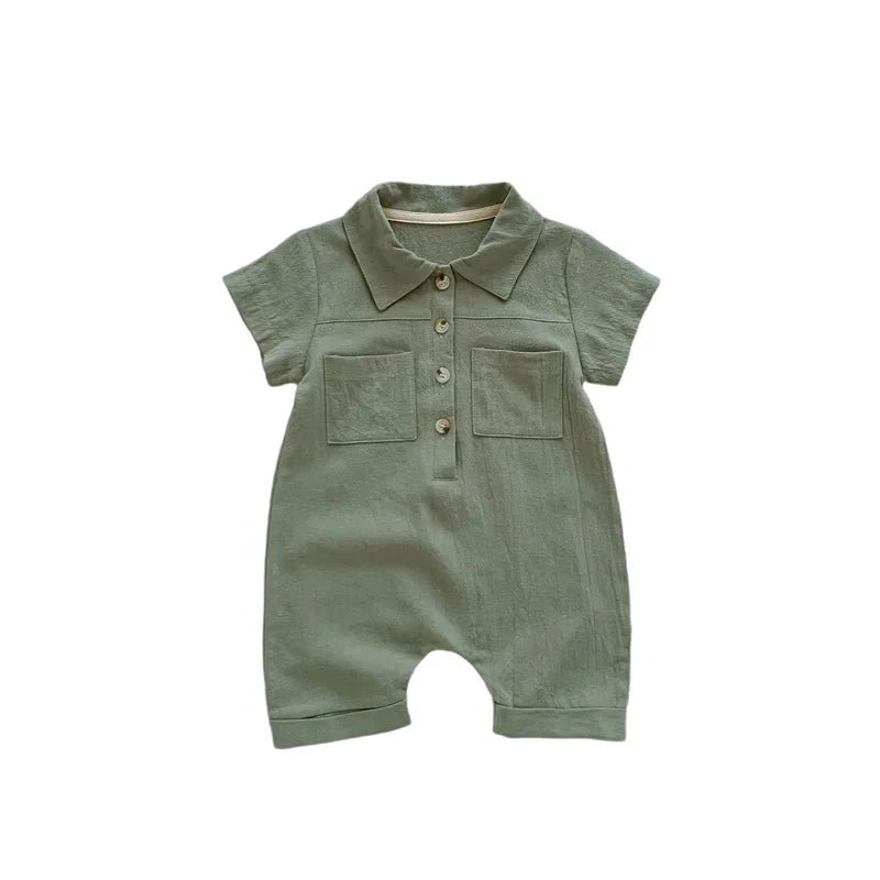 Lioraitiin Baby Boy Jumpsuit Short Sleeve Lapel Button Up Solid Color