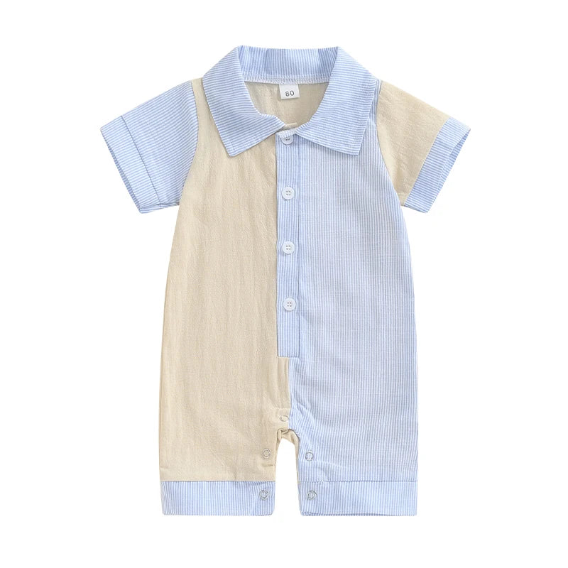 Lioraitiin Baby Boy Jumpsuit Short Sleeve Lapel Collar Stripes Print