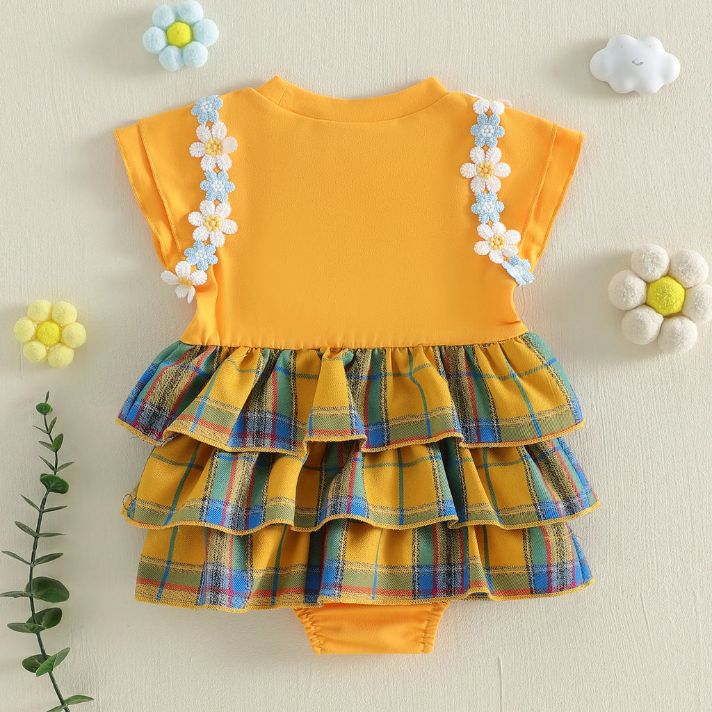 Lioraitiin Baby Girls Rompers Floral Embroidery Plaid Ruffles Skirt