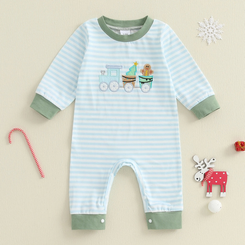 Lioraitiin Baby Boy Romper Embroidered Striped Crew Neck Long Sleeve