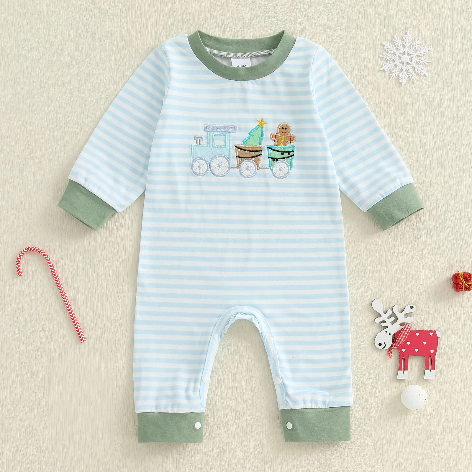 Lioraitiin Baby Boy Romper Embroidered Striped Crew Neck Long Sleeve