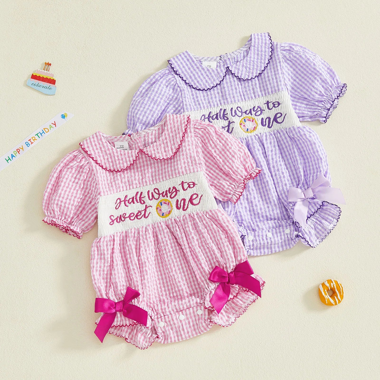 Lioraitiin Baby Girls Birthday Romper Plaid Print Letter Donut