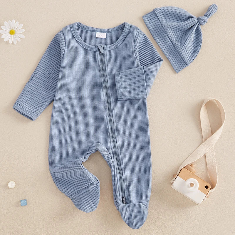 Lioraitiin Newborn Baby Footed Romper Solid Color Waffle Long Sleeve