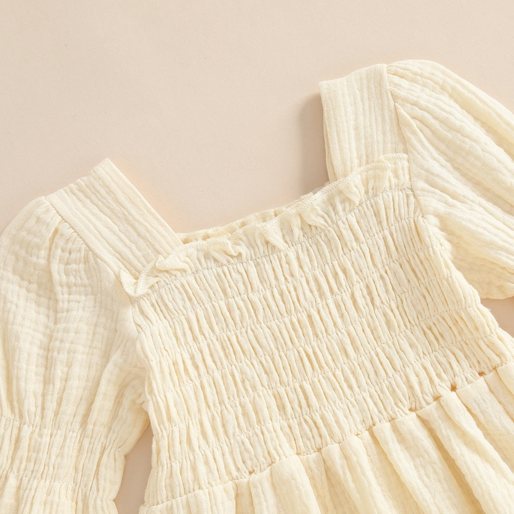 Lioraitiin Toddler Girl Bubble Sleeve Dress Stylish Solid Smocked
