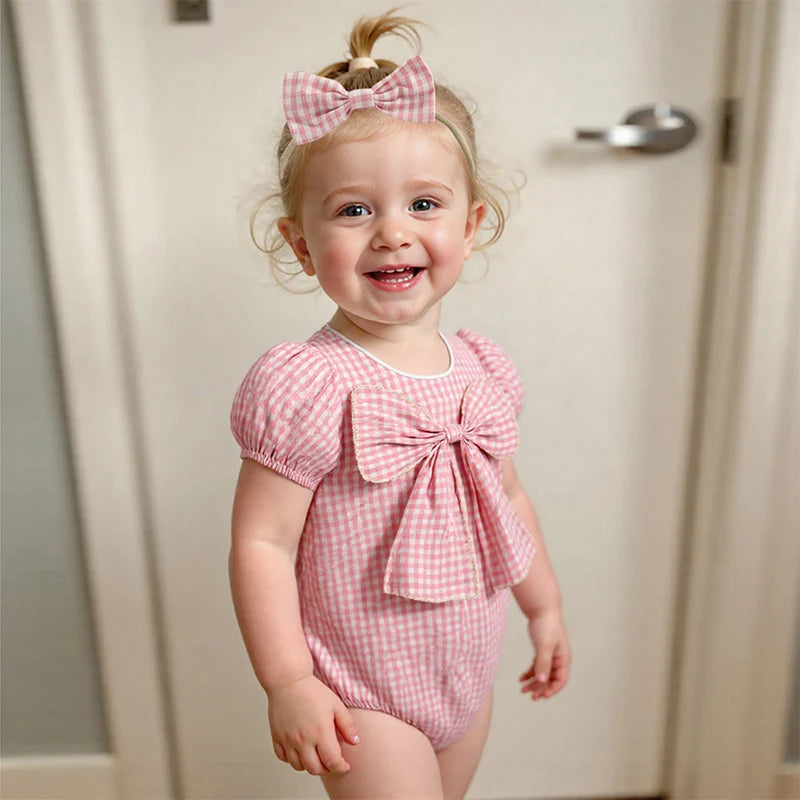 Lioraitiin Baby Girls Sweet Romper Short Sleeve Round Neck Plaid
