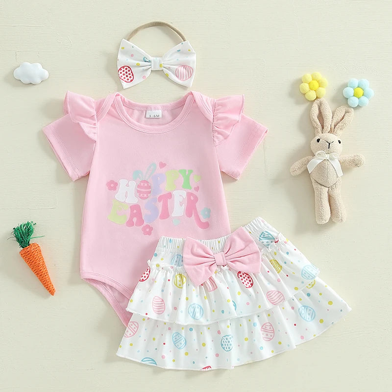Lioraitiin Baby Girl Easter Outfits Short Sleeve Romper + Tiered