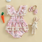 Lioraitiin Baby Girls Easter Outfits Flower Bunny Print Lace Trim