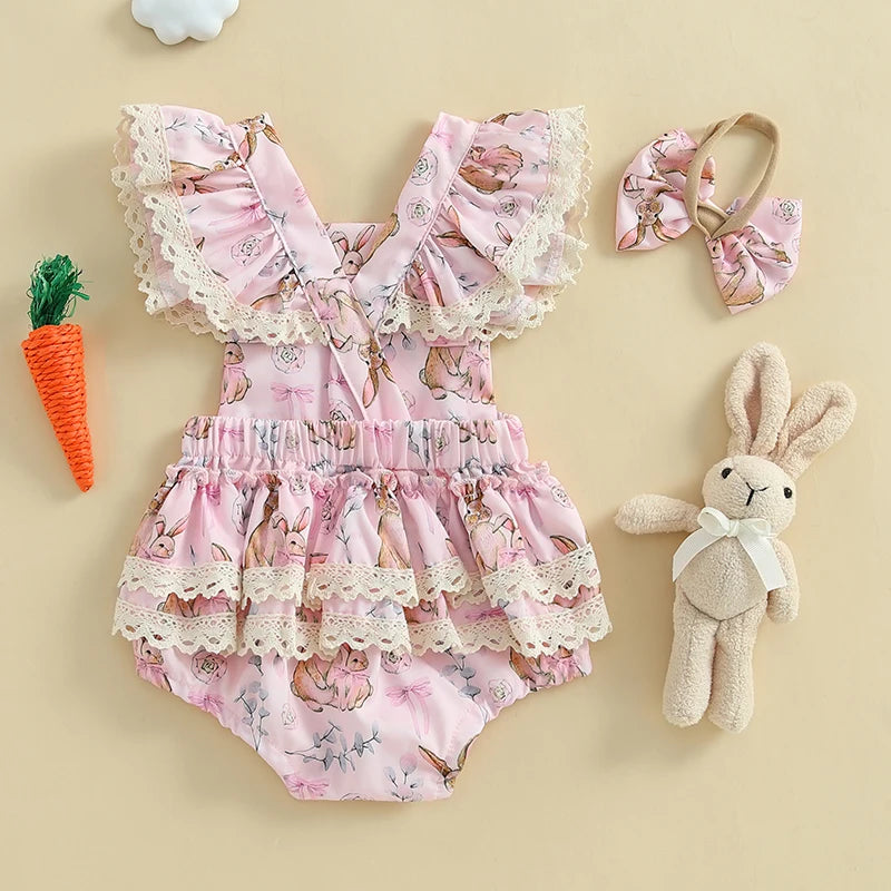Lioraitiin Baby Girls Easter Outfits Flower Bunny Print Lace Trim