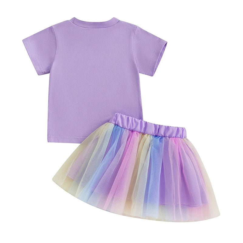 Toddler Girl Birthday Outfit Letter Embroidery Short Sleeve Crew Neck