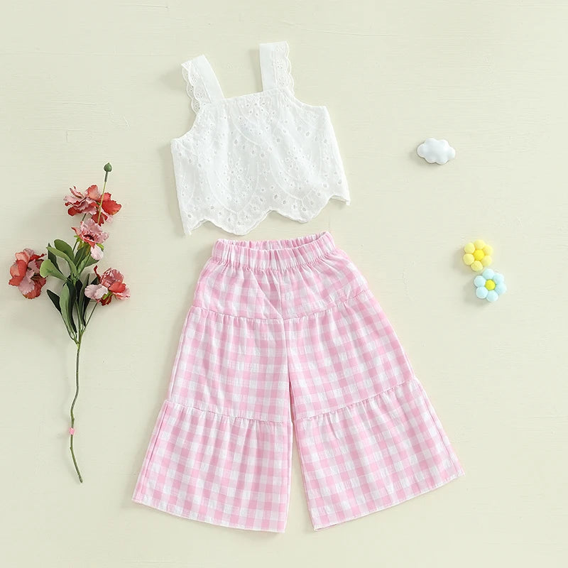 Lioraitiin Toddler Girl Eyelet Embroidery Cami Tops+Elastic Waist