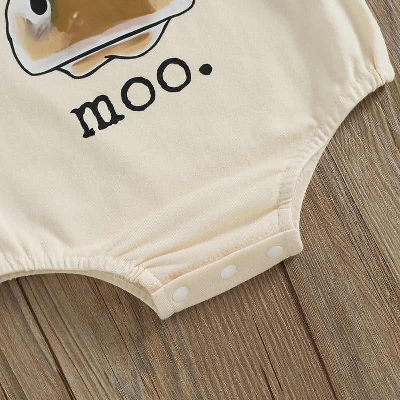 Lioraitiin Baby Romper, Short Sleeve Crew Neck Cow Head Print