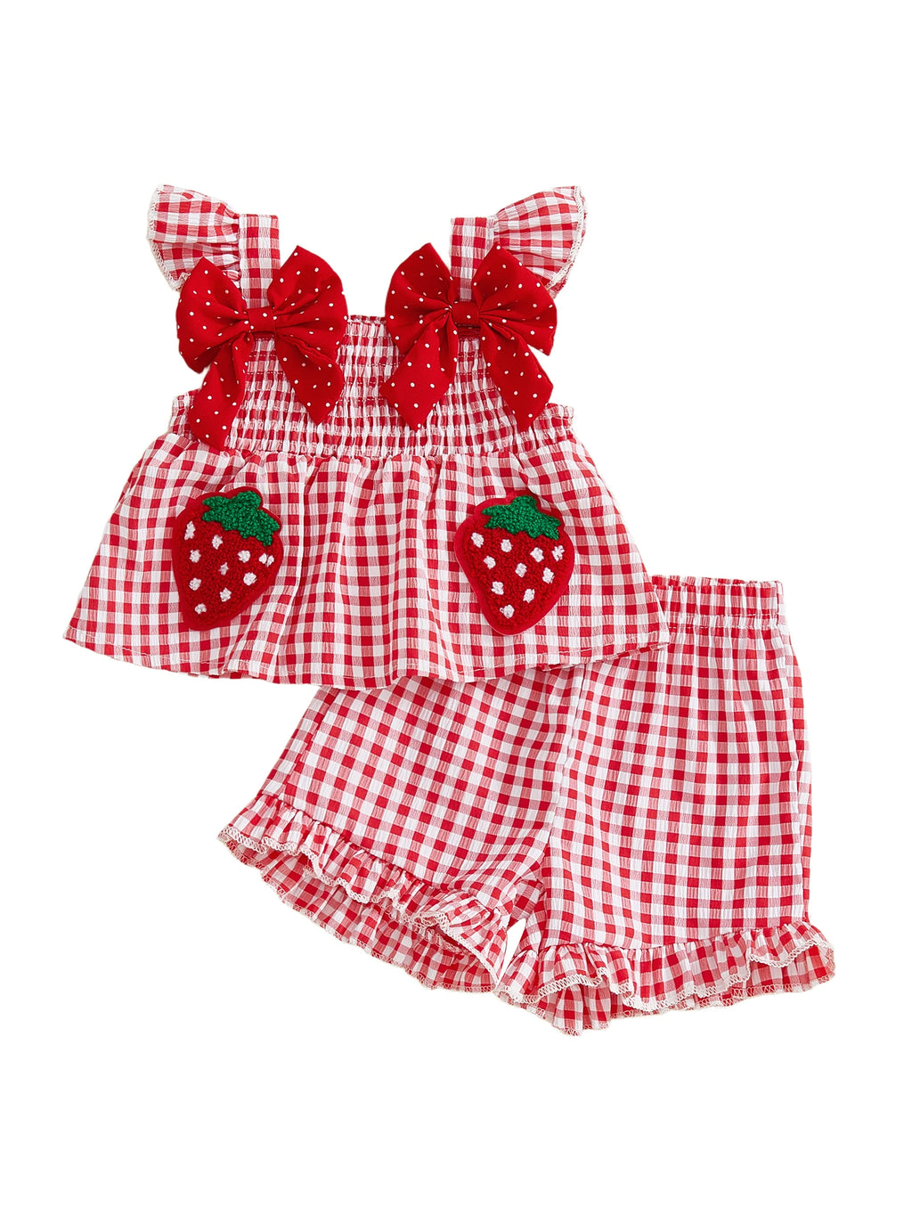 Lioraitiin Toddler Baby Girl Outfit Strawberry Embroidered Plaid Bows