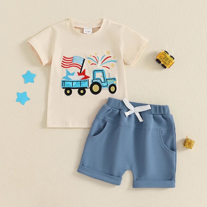 Lioraitiin Toddler Baby Boy 4th of July Outfit Star Truck Embroidery