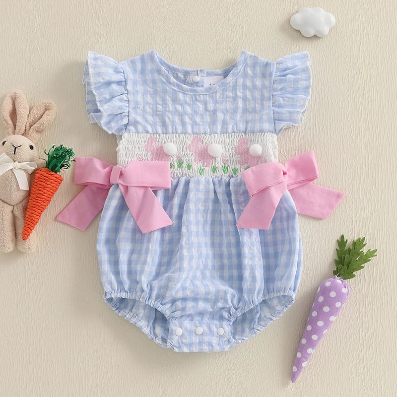 Lioraitiin Baby Girls Rompers Easter Rabbit Embroidery Plaid Fly