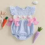 Lioraitiin Baby Girls Rompers Easter Rabbit Embroidery Plaid Fly