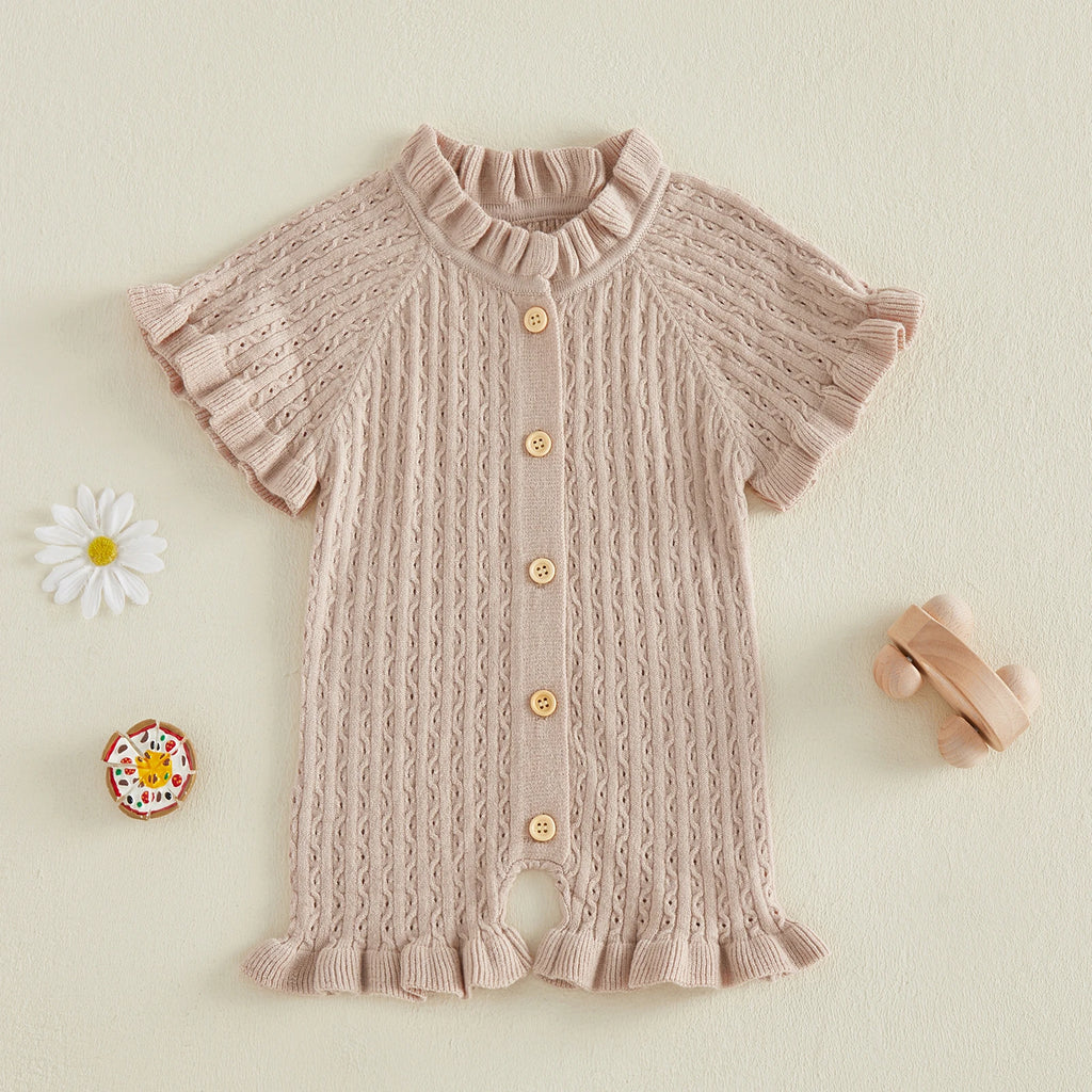 Lioraitiin Newborn Baby Girl Knit Romper Ruffle Trim Short Sleeve