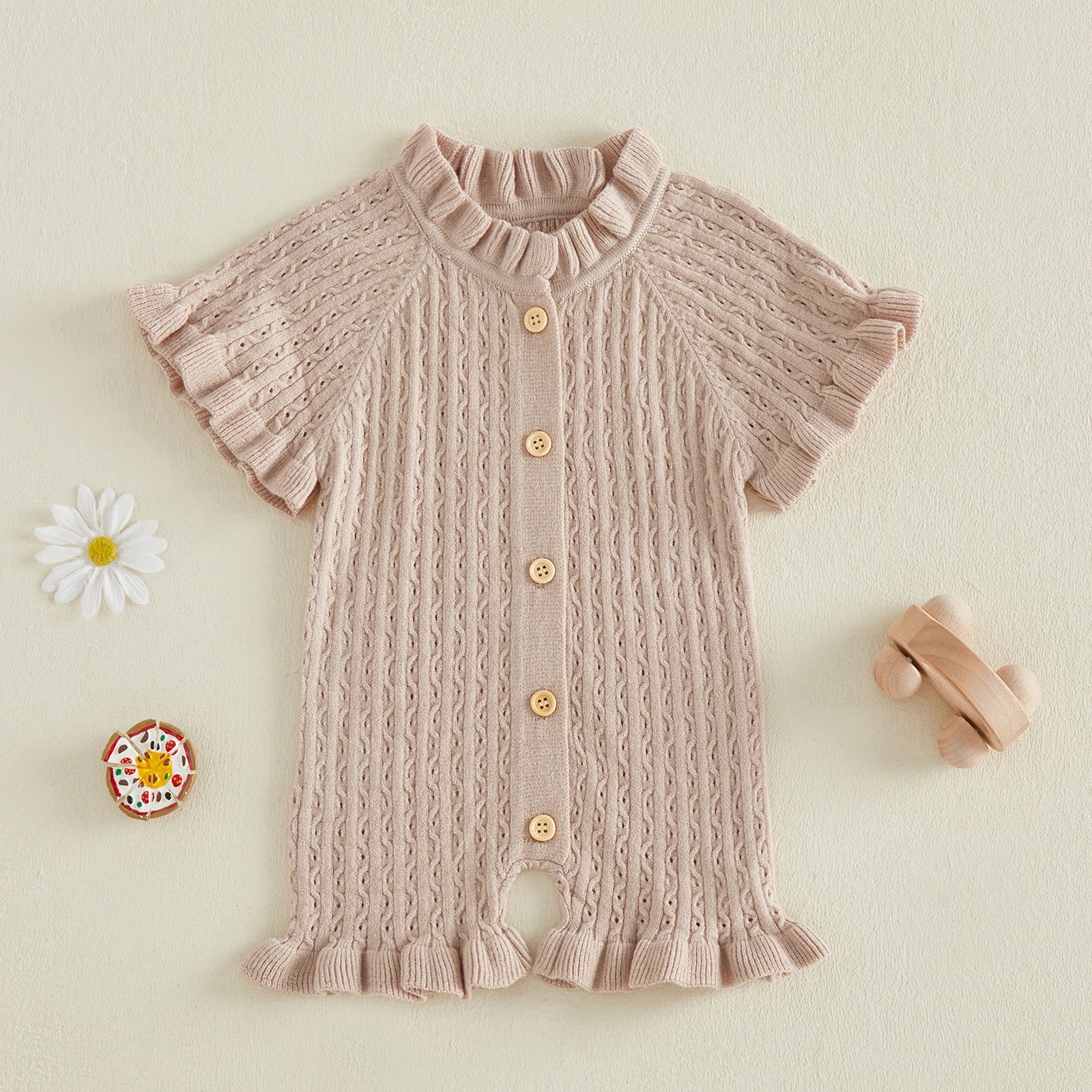 Lioraitiin Newborn Baby Girl Knit Romper Ruffle Trim Short Sleeve