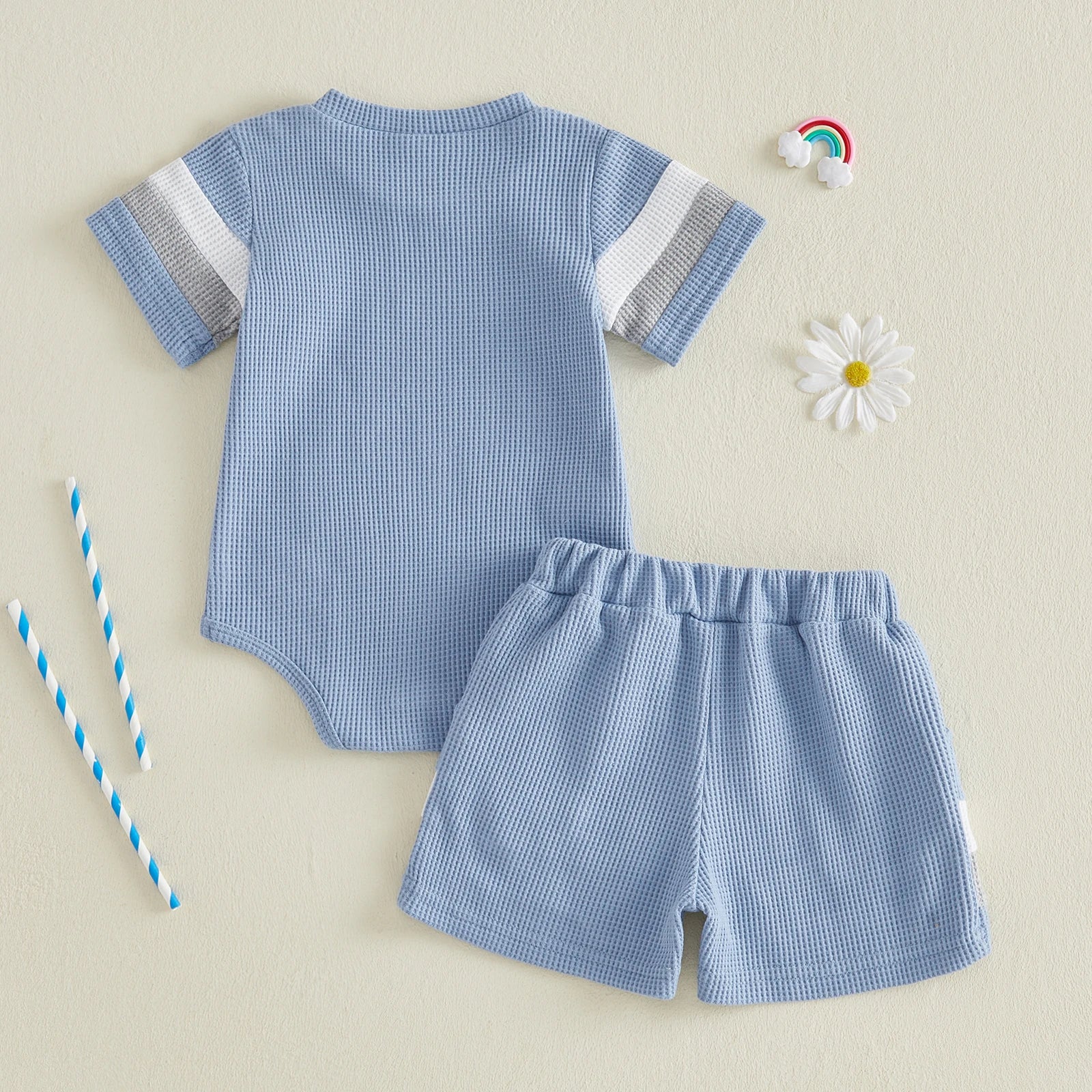 Lioraitiin Baby Boys Sets Fashionable Stripe Trim Short Sleeve Romper