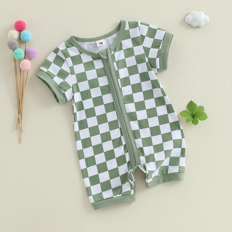 Lioraitiin Baby Boys Romper Checkerboard Print Short Sleeve Round