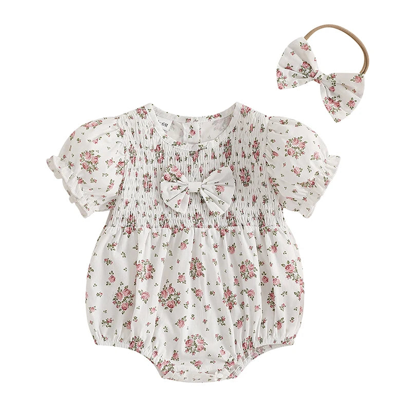 Lioraitiin Baby Girl Outfits Floral Pattern Smocked Crew Neck Short