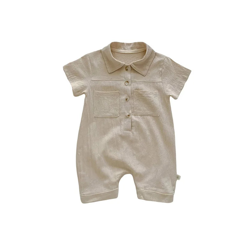 Lioraitiin Baby Boy Jumpsuit Short Sleeve Lapel Button Up Solid Color