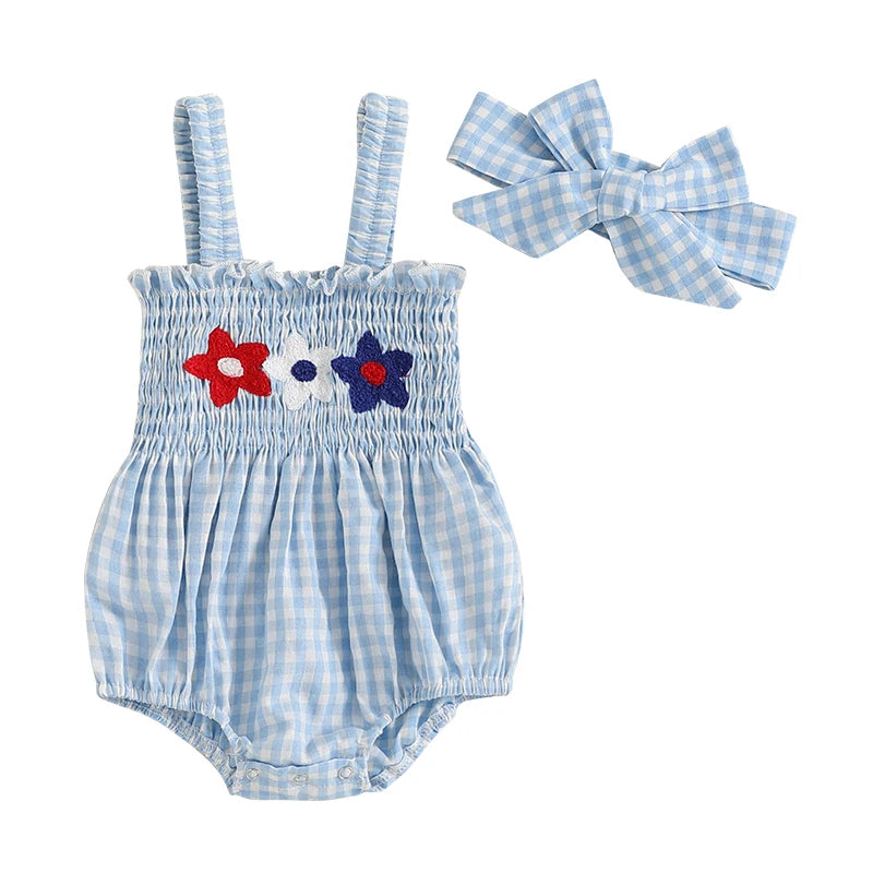 Lioraitiin Baby Girl July 4th Outfit Plaid Letter Embroidery Shirred