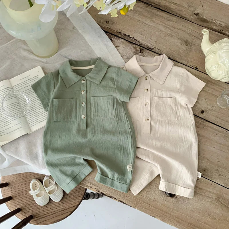 Lioraitiin Baby Boy Jumpsuit Short Sleeve Lapel Button Up Solid Color