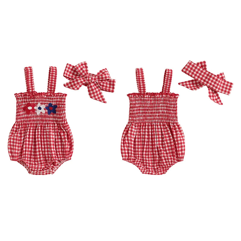 Lioraitiin Baby Girl July 4th Outfit Plaid Letter Embroidery Shirred