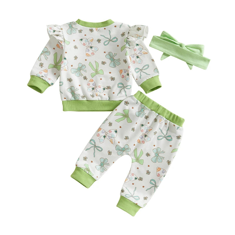 Lioraitiin Toddler Baby Girl Irish Outfits Bow Clover Print Crew Neck