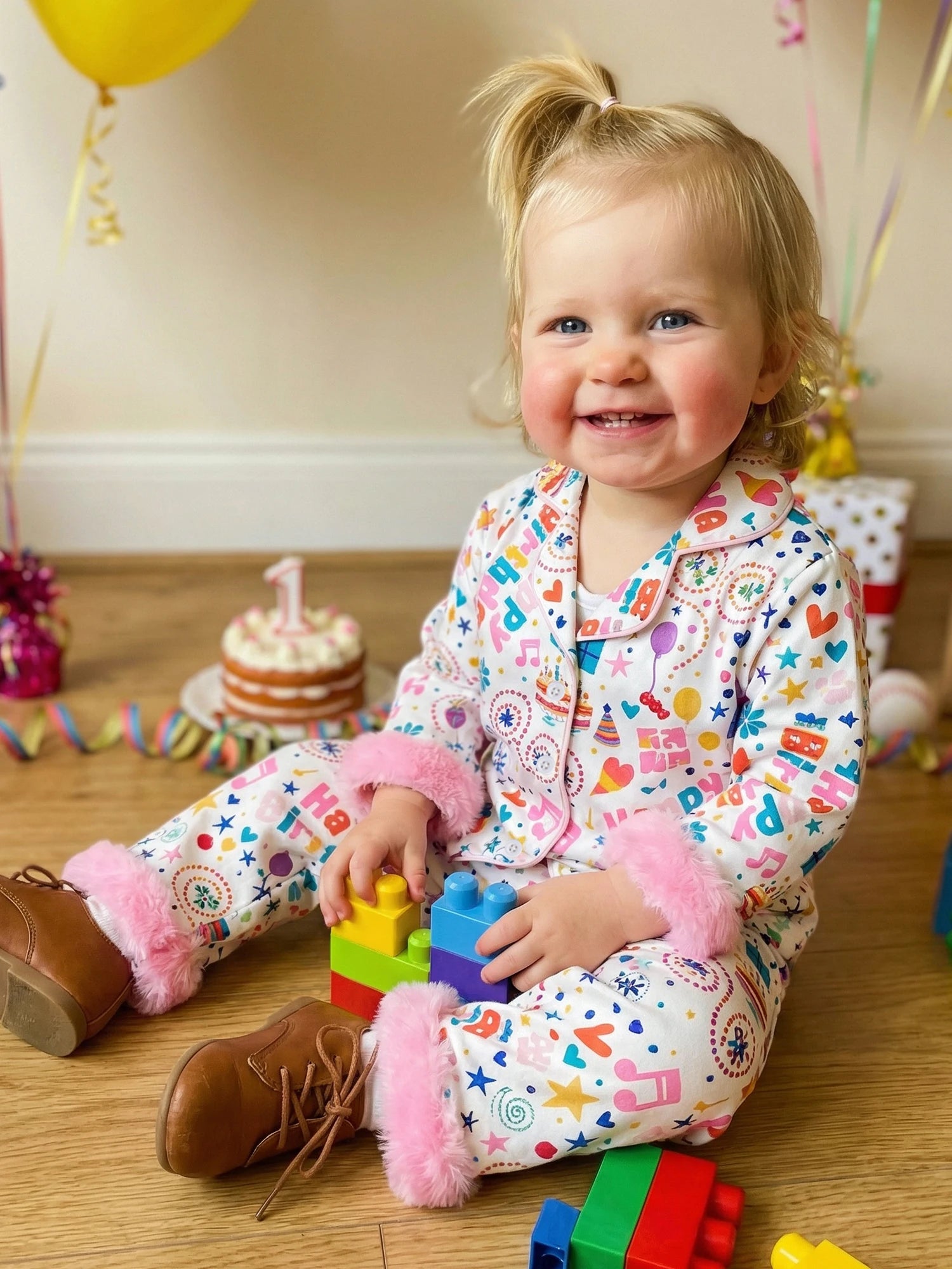 Toddler Girls Birthday Pajamas Set Long Sleeve Cartoon Print Fur