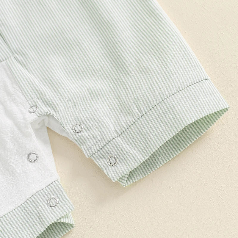 Lioraitiin Baby Boy Jumpsuit Short Sleeve Lapel Collar Stripes Print