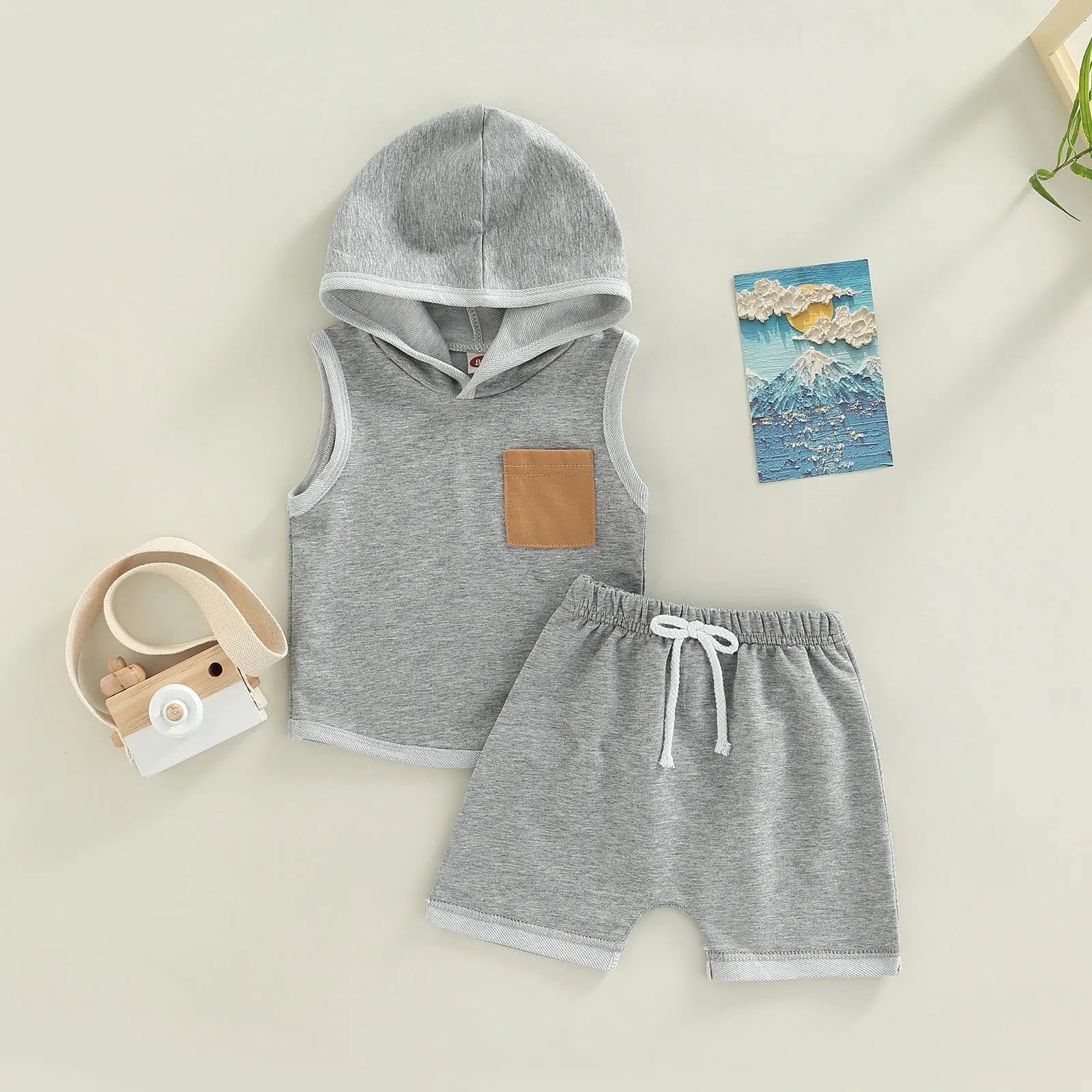 Lioraitiin 0-3Years Toddler Baby Girl Boy 2Pcs Sleeveless Hooded Top