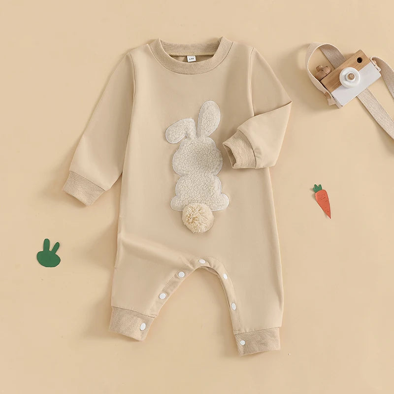 Lioraitiin Baby Girls Boys Easter Rompers Plush Bunny Embroidery Fur